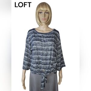 LOFT Lounge Kimono 3/4 Sleeve Top, front tie knot, L, Blue/ White, EUC